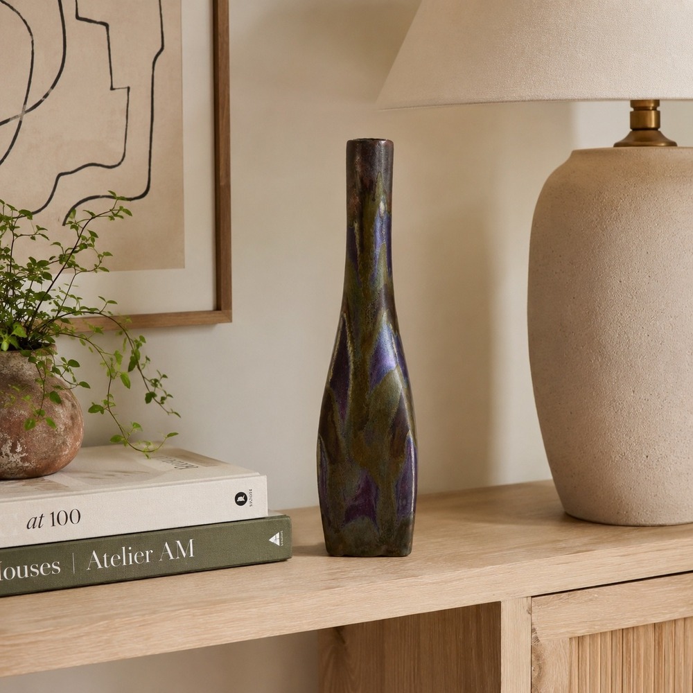 Vtg Studio Pottery Bottle Vase Drip Glaze Signed‎ Modernist Art Pottery 13"